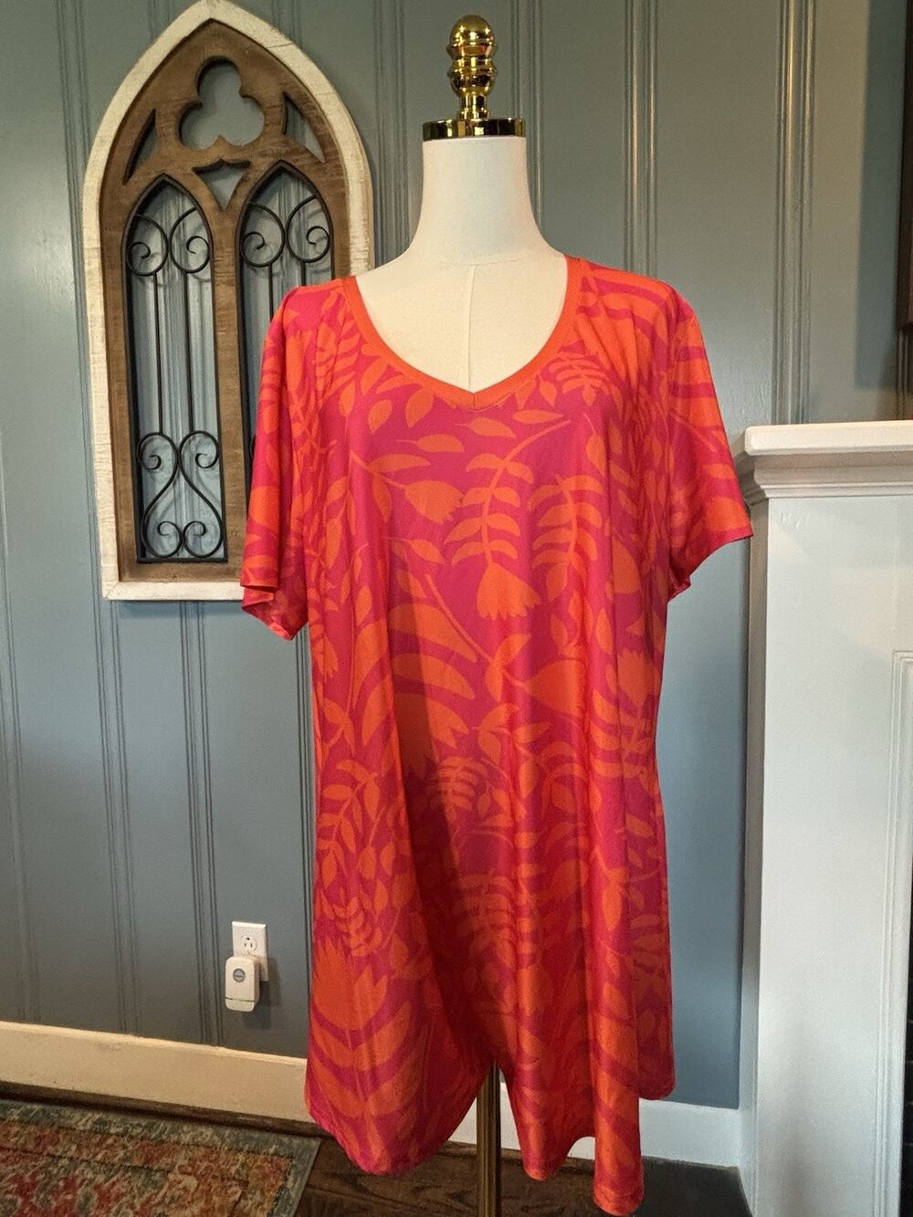 Lily Plus 2XL Pink Orange Floral Dopamine Rave V-Neck Jersey Tunic Top